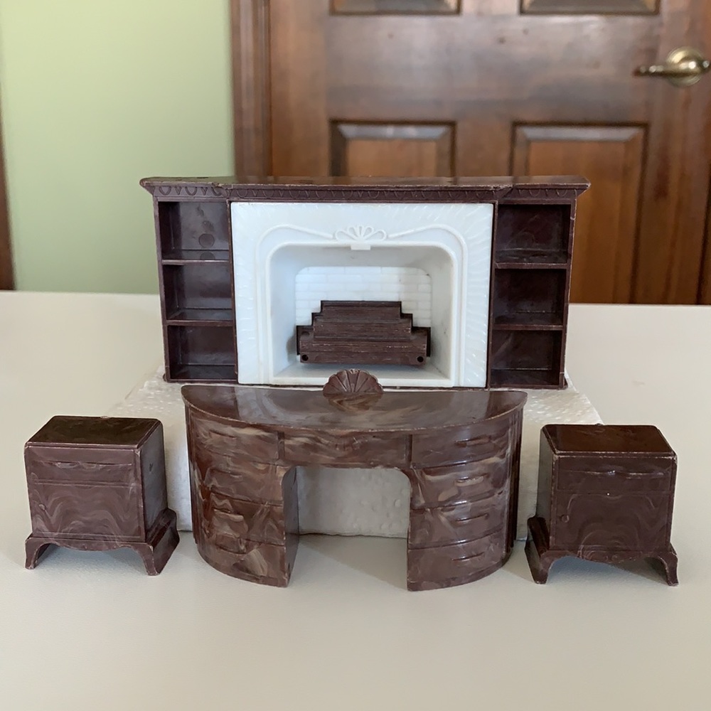 Miniature Vintage Fireplace, Desk & Side Tables, A Plasco Toy